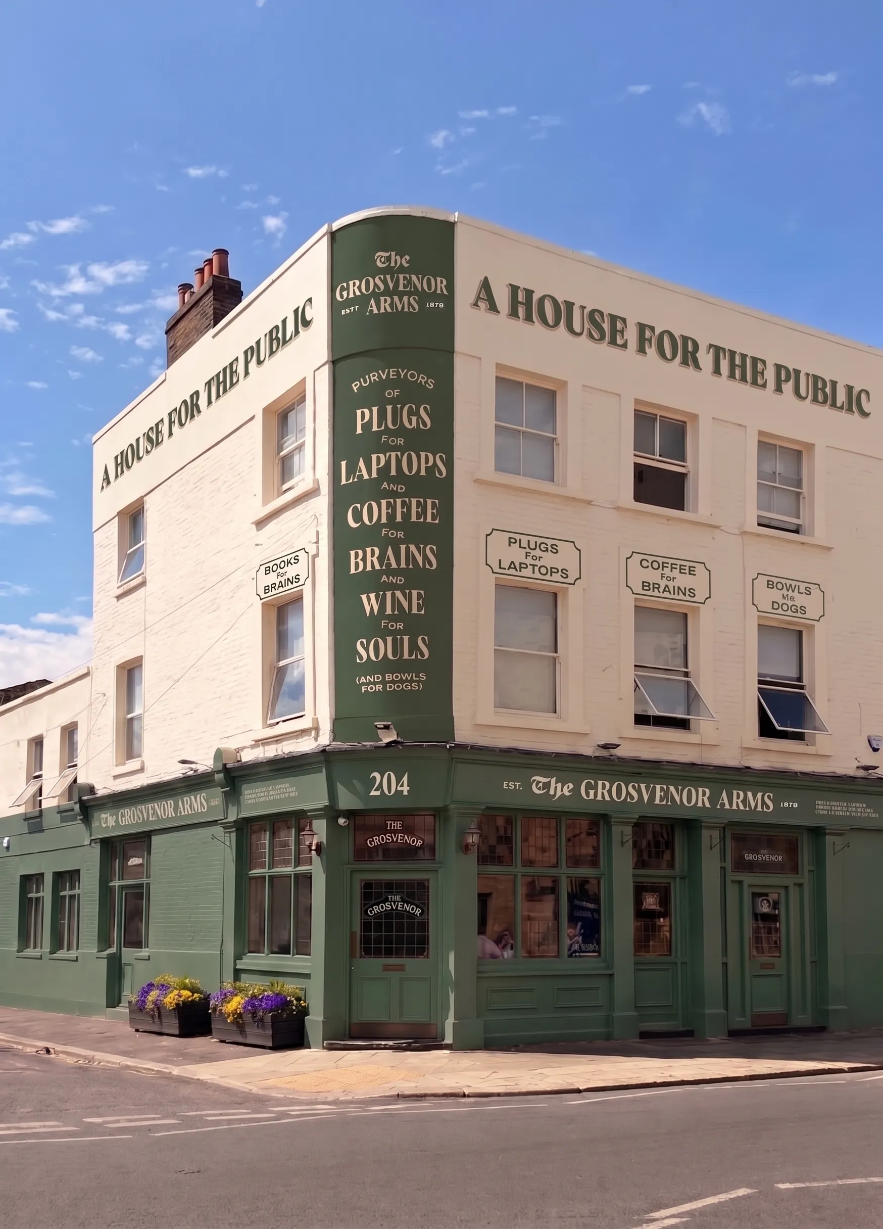 The Grosvenor Arms on the corner of Garratt Lane in Earlsfield, with 'A House for the Public since 1878' painted across the top of the building